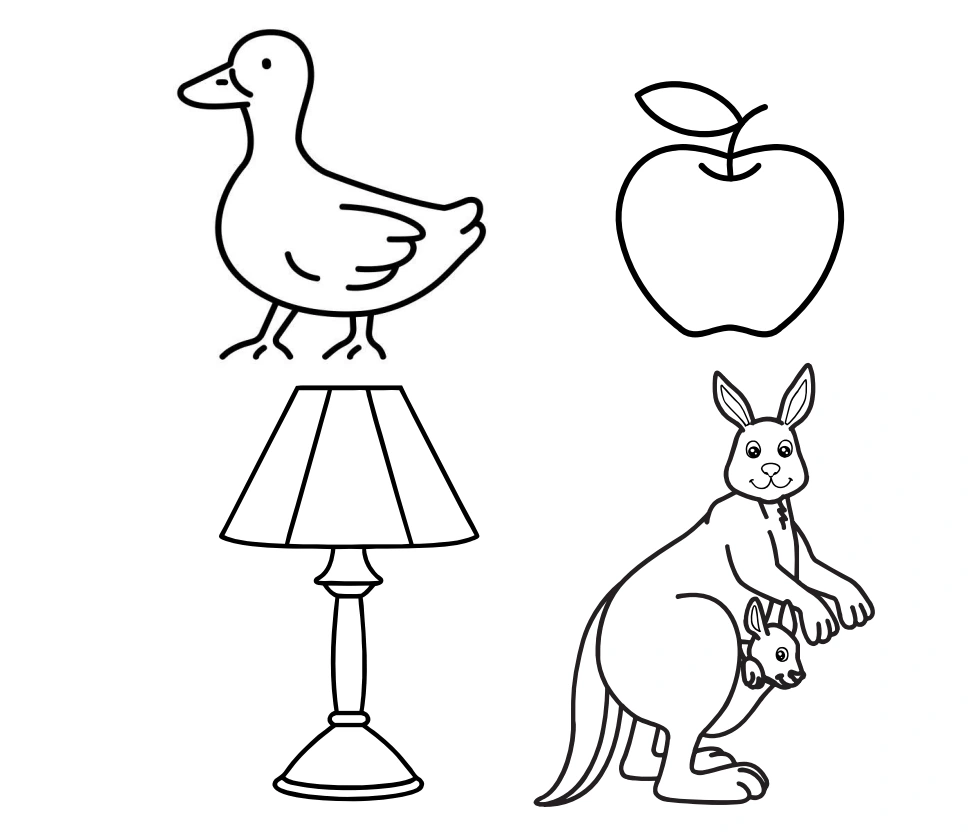 The lamp sits below the duck in the L sound-choice panel Four source picture choices showing duck and apple above a lamp and kangaroo
