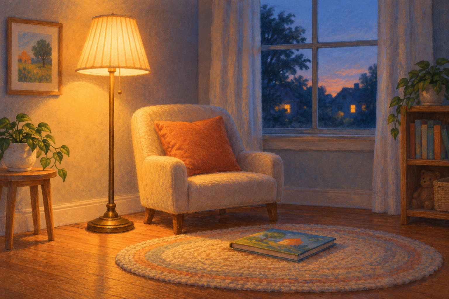 A warm reading nook for optional lamp descriptions and label play Pastel reading corner with a glowing floor lamp, low chair, closed picture book and oval rug at dusk