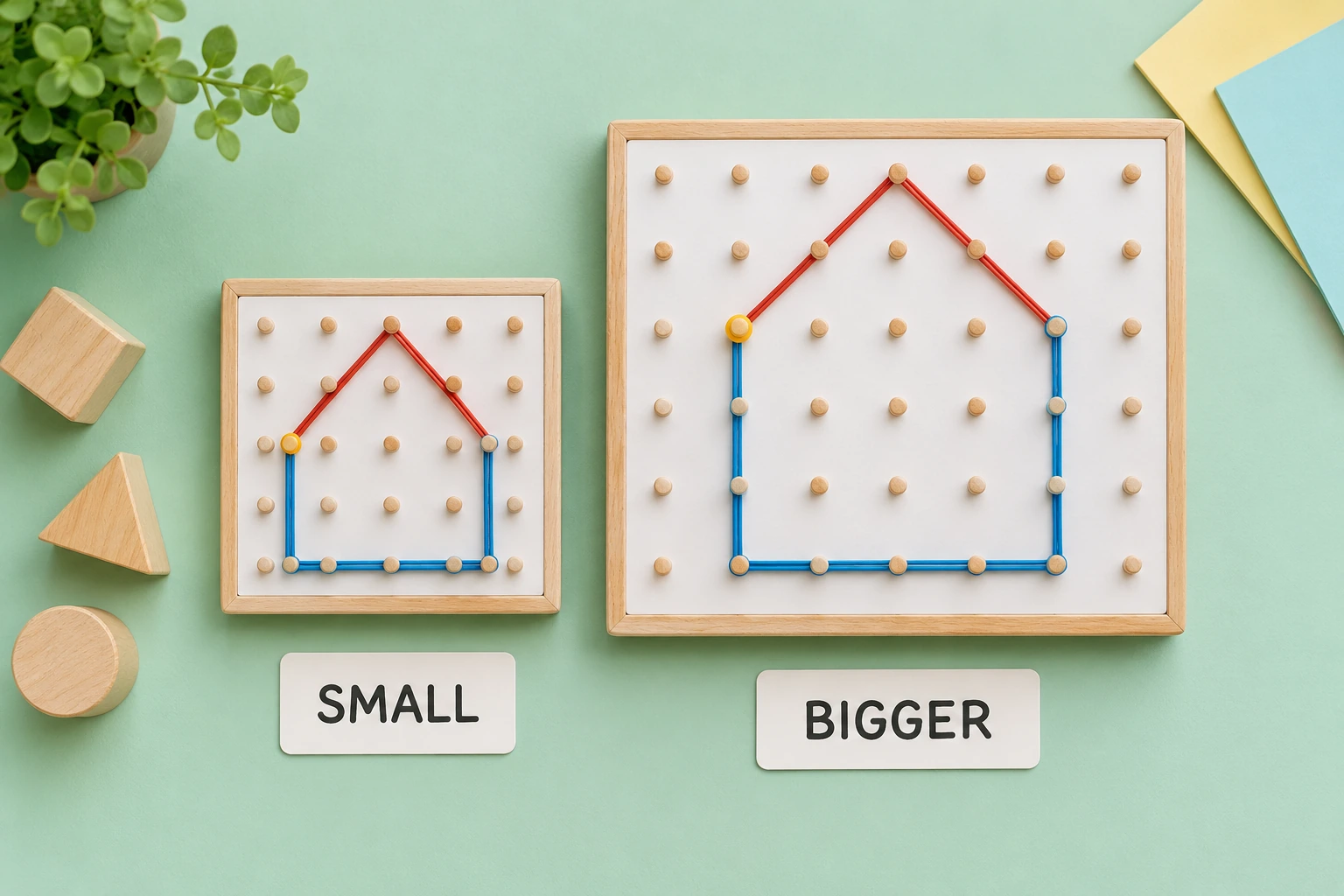 A finished picture-size pair for a broad comparison Completed small and larger house outlines on separate peg boards labelled SMALL and BIGGER