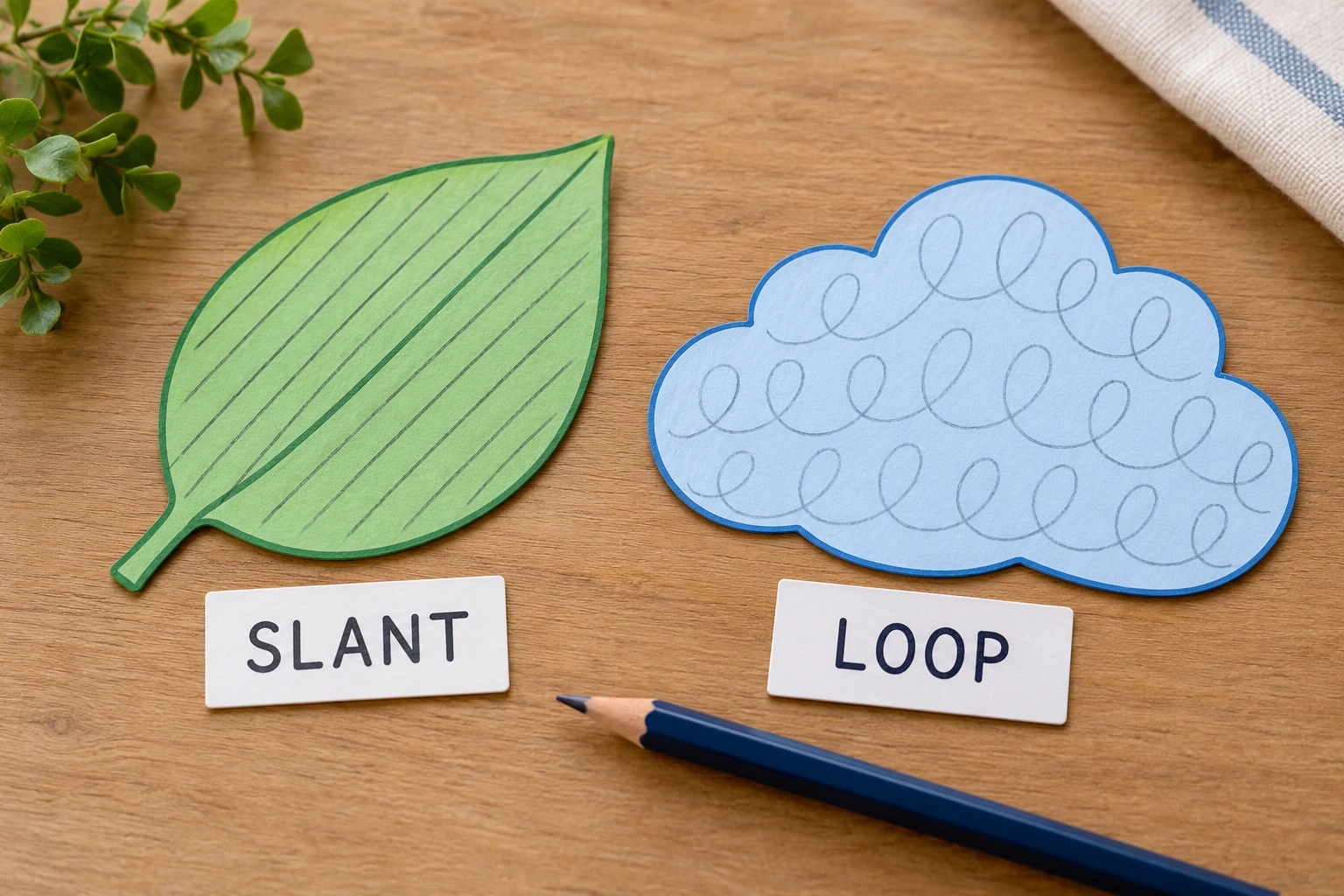 Completed leaf with slanted marks and cloud with loops beside SLANT and LOOP word cards