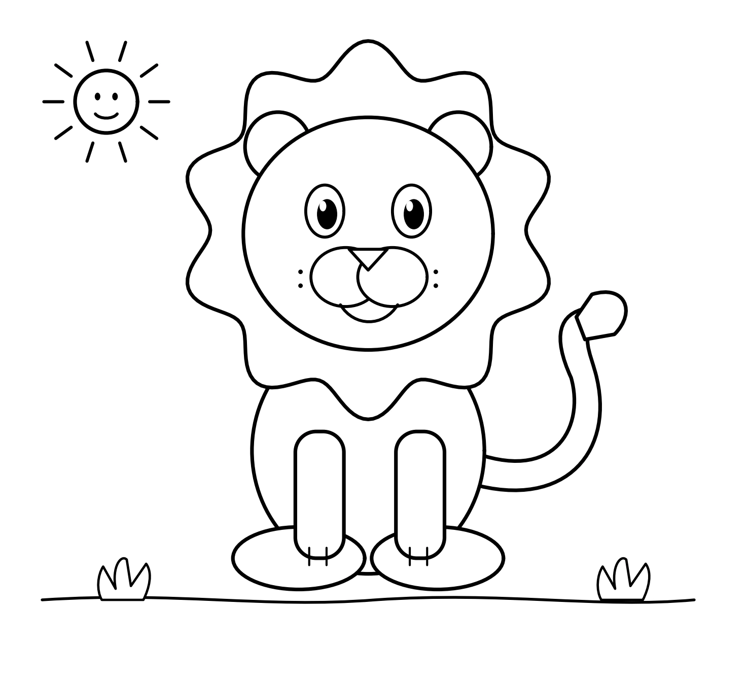 Seated lion cartoon with broad mane curved tail and smiling sun