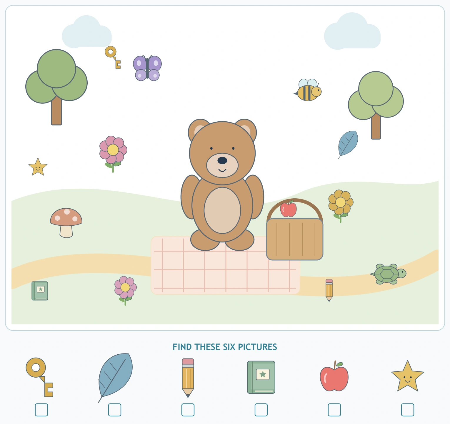 The complete picnic activity contains its scene and six-picture target strip.