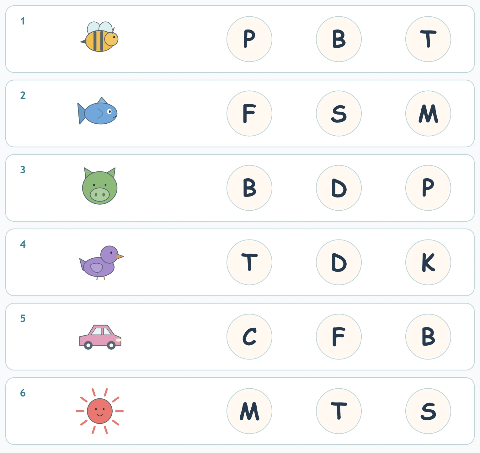 Bee, fish, pig, duck, car and sun are paired with capital-letter options.
