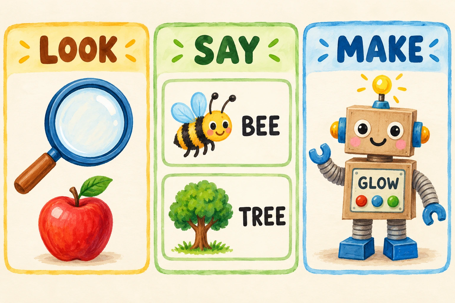 A choice board groups looking, speaking and making with three completed miniature activities.
