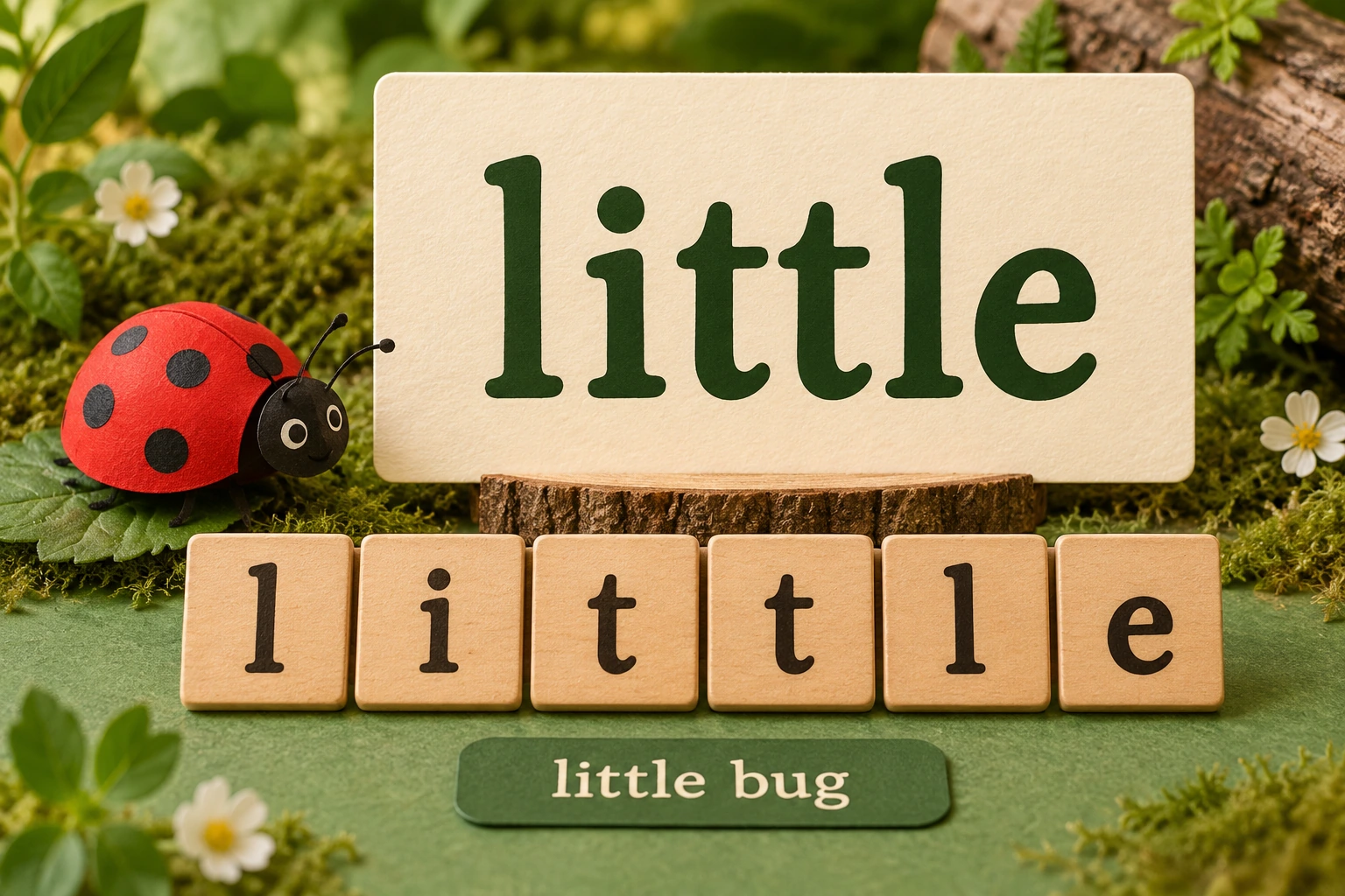 Paper ladybug with little card six letter tiles and little bug phrase
