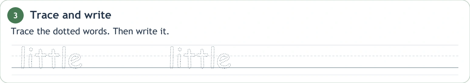 Two dotted little examples with all six letters on writing guides