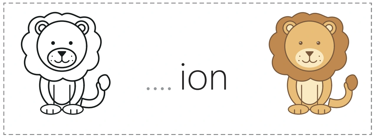 An outline lion, an unfinished lion word and its colored picture partner
