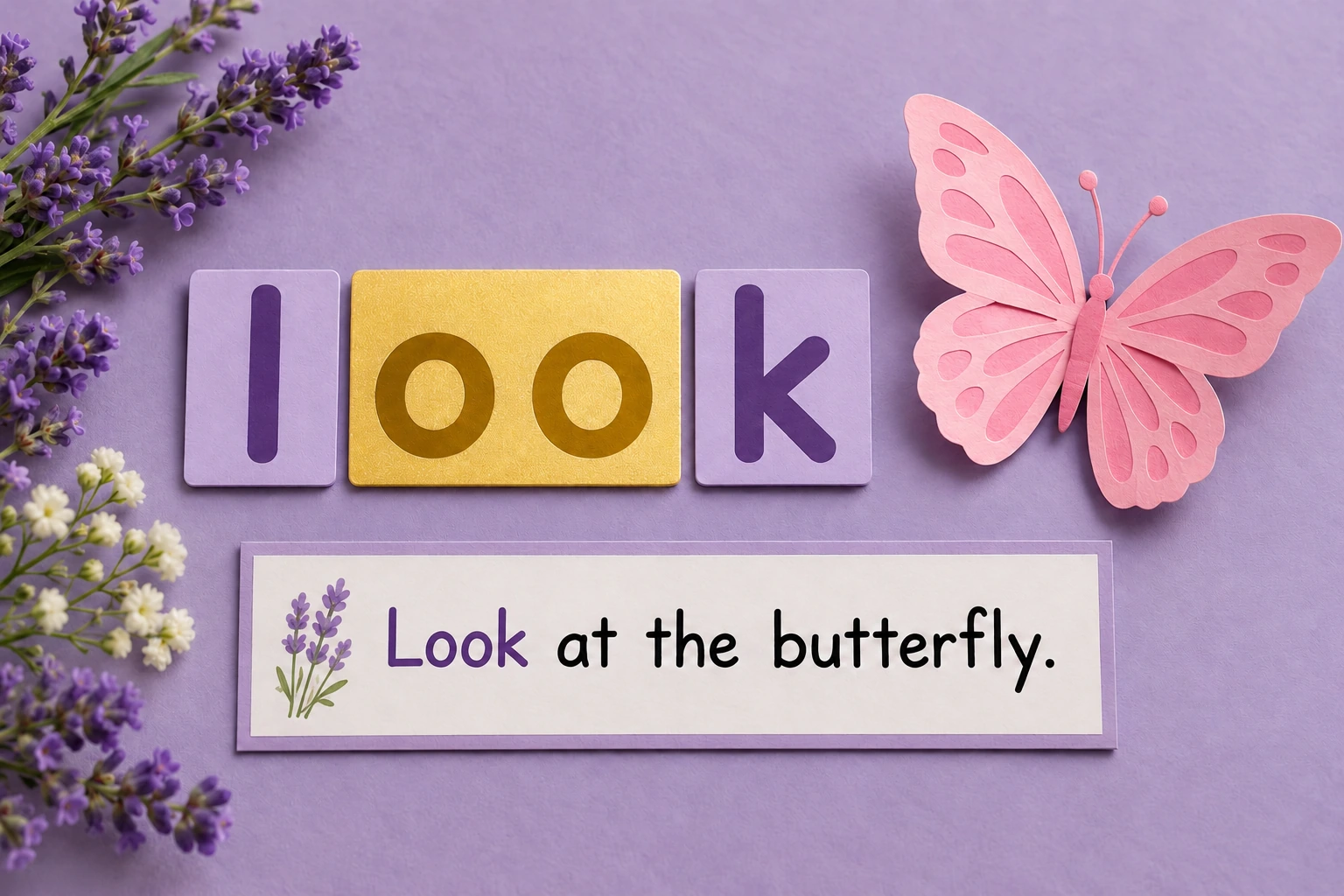 Paper butterfly beside l oo k tiles and Look at the butterfly strip