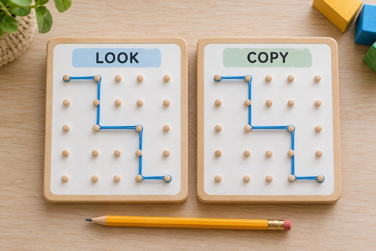 Two completed identical blue cord routes on labelled LOOK and COPY peg boards