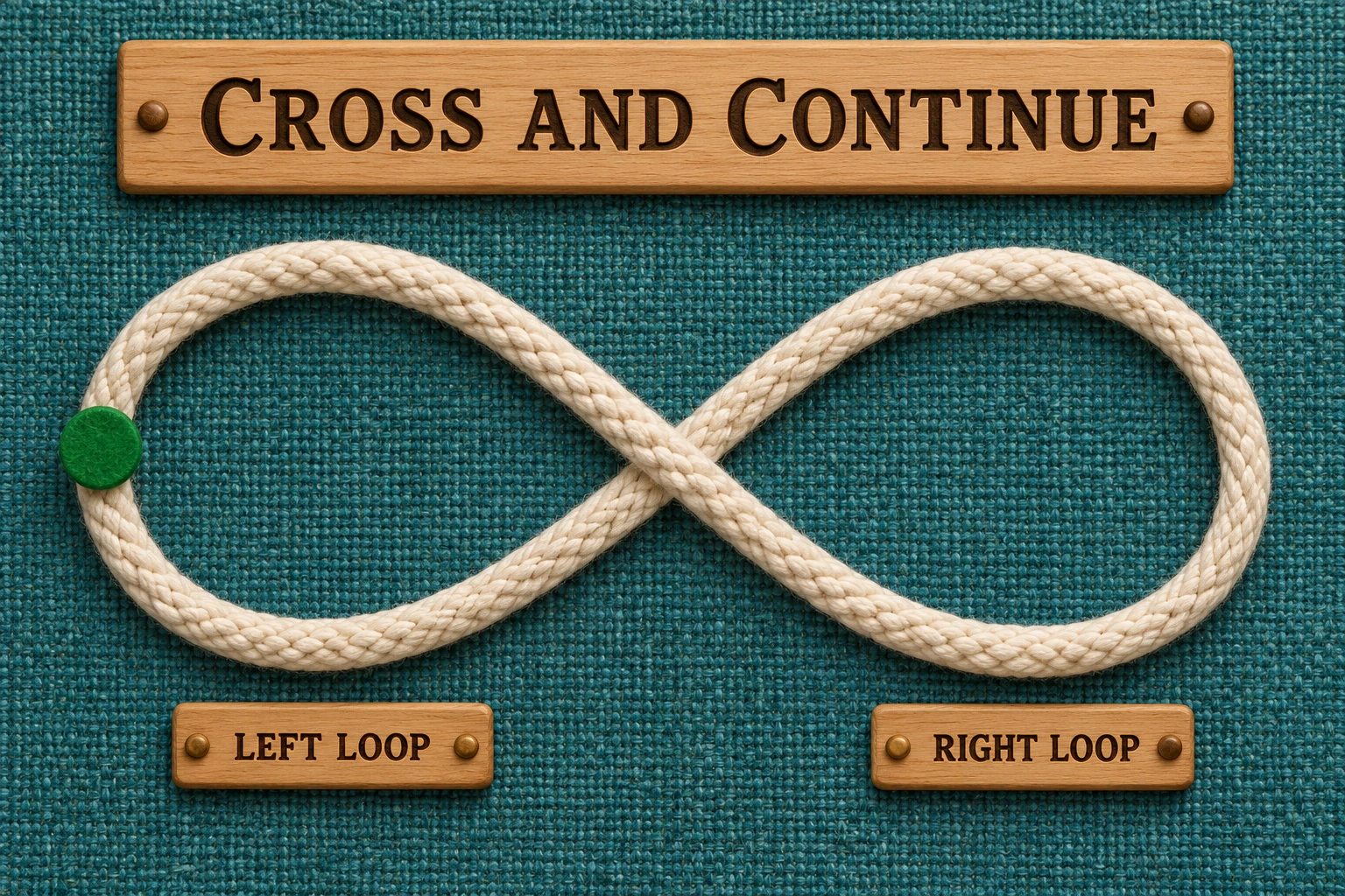 A physical crossing invites a route decision A cord figure-eight crossing beside CROSS AND CONTINUE wording
