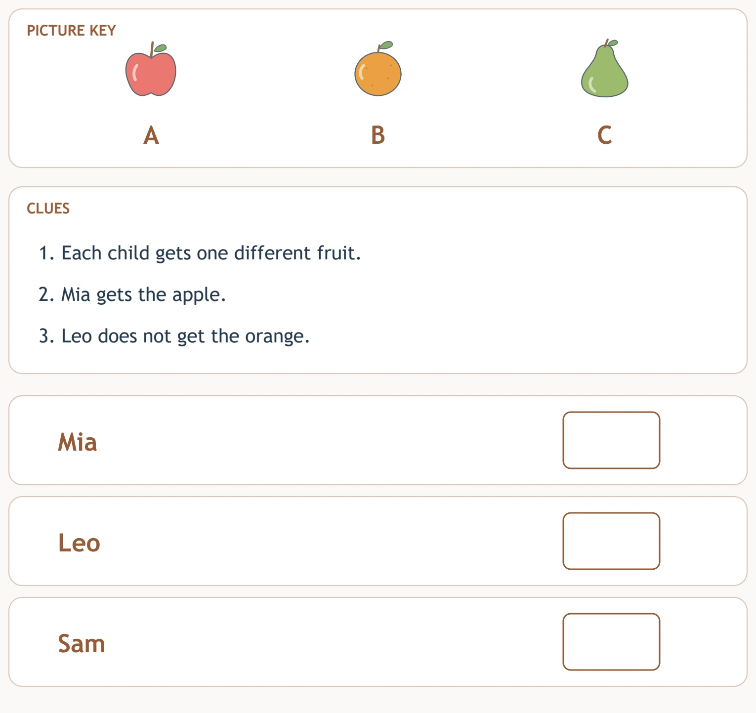 The fruit key, complete clue panel and three named answer spaces remain visible together.