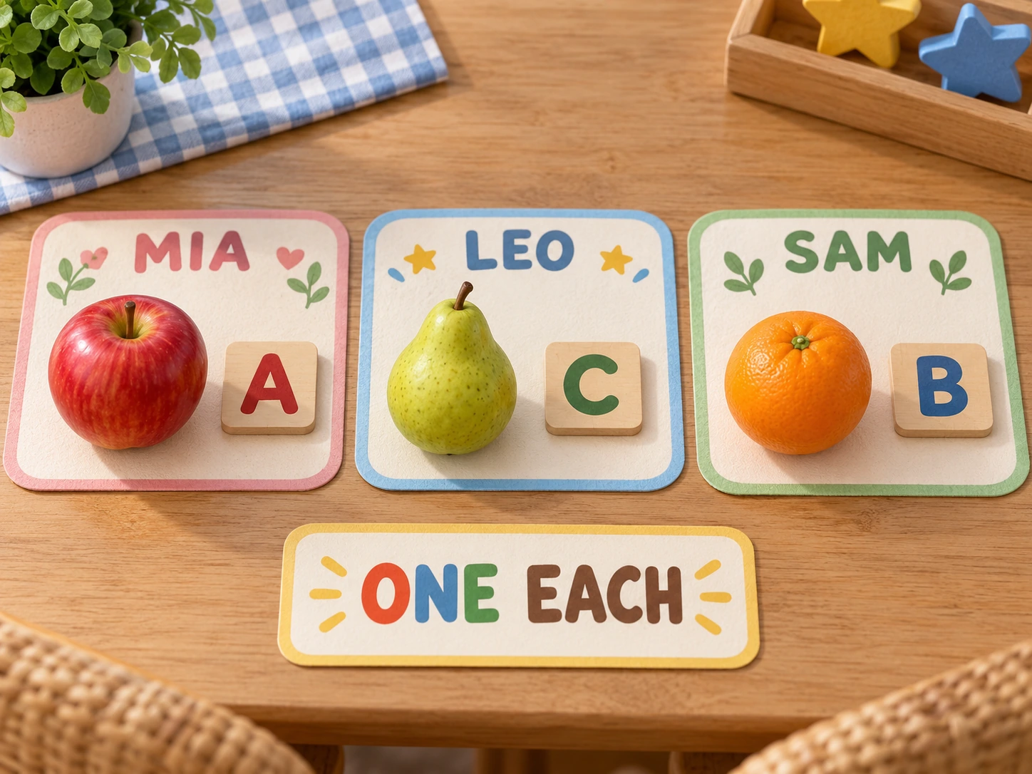 Three named lunch mats demonstrate one fruit per child