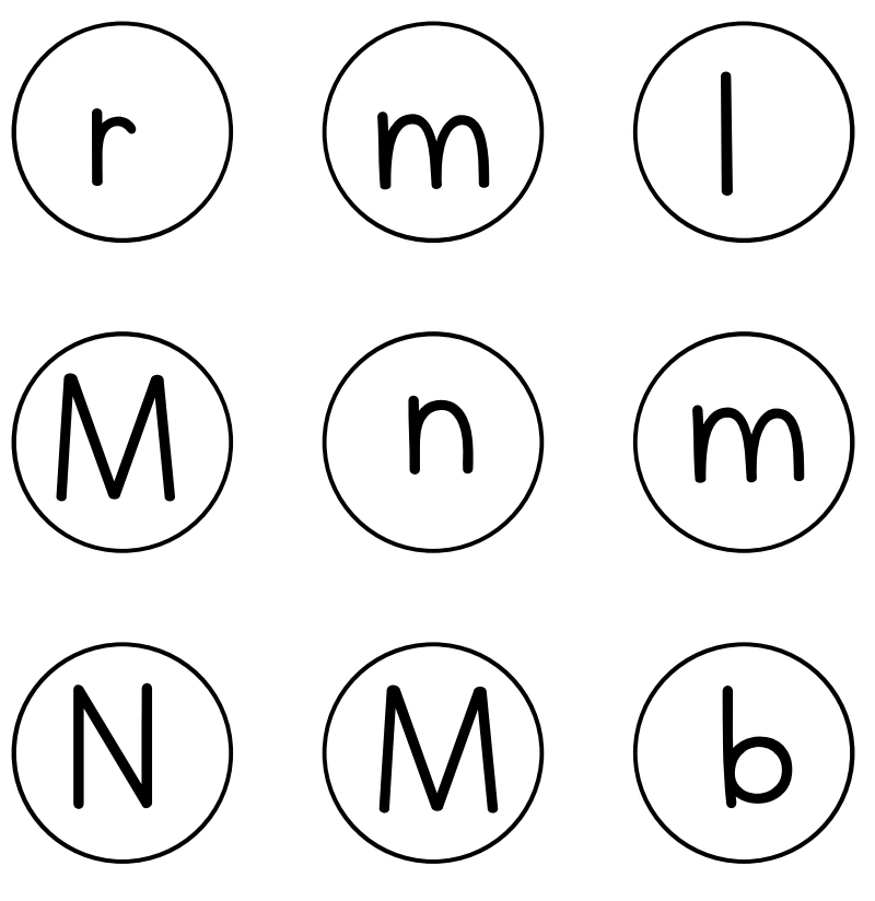 Nine recognition circles in rows r m l, M n m, and N M b