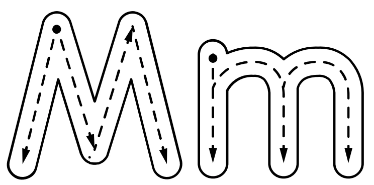 Large capital M and lowercase m arrow models comparing pointed strokes with two curved arches