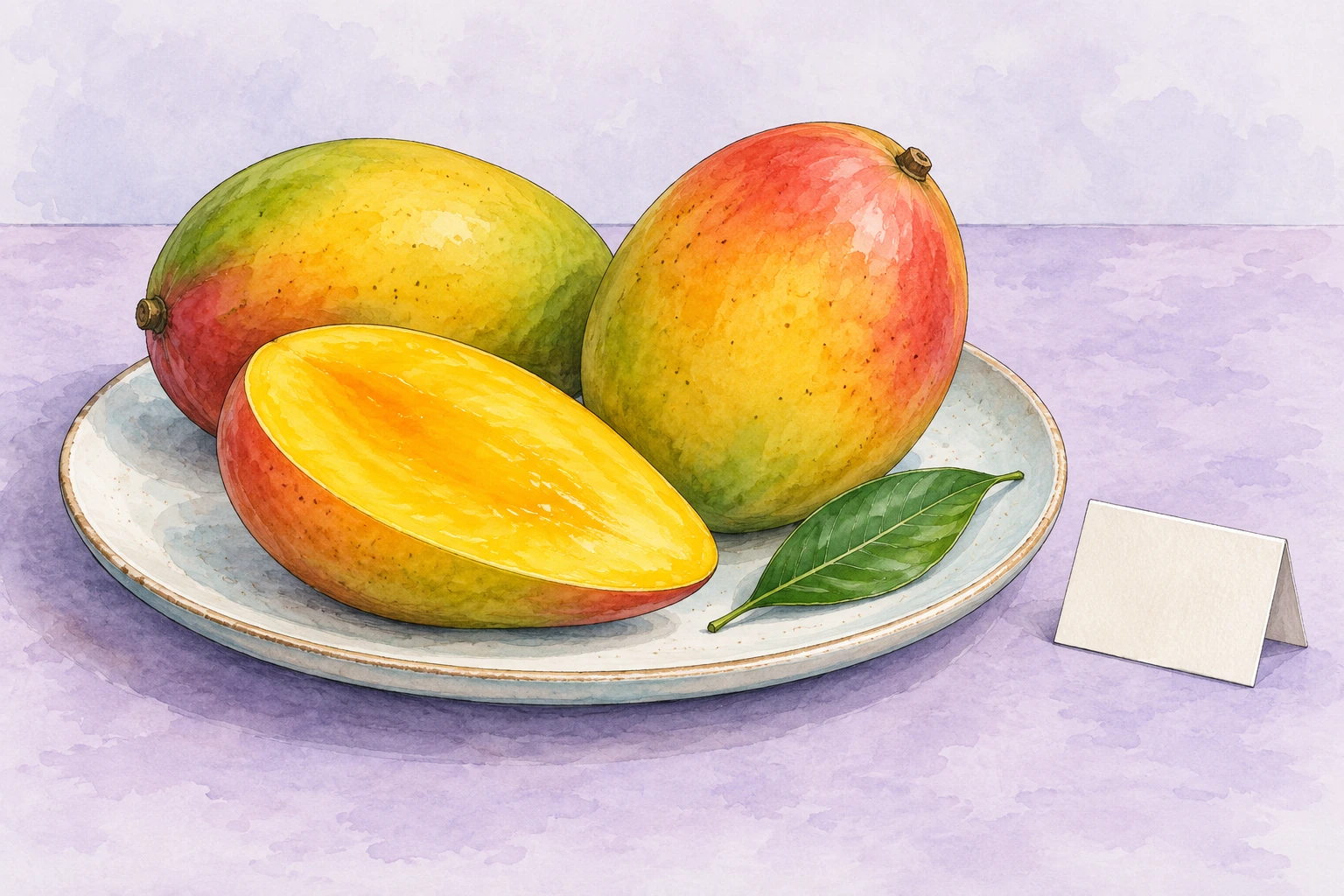 Watercolor plate holding two whole mangoes, an open golden mango cheek and a leaf beside a blank exhibit card