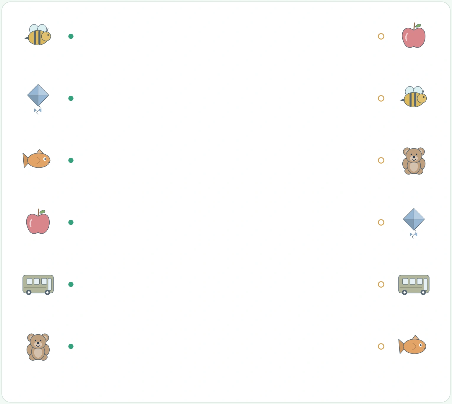 Search the complete six-choice partner arrangement Bee kite fish apple bus and teddy pictures in two differently ordered columns