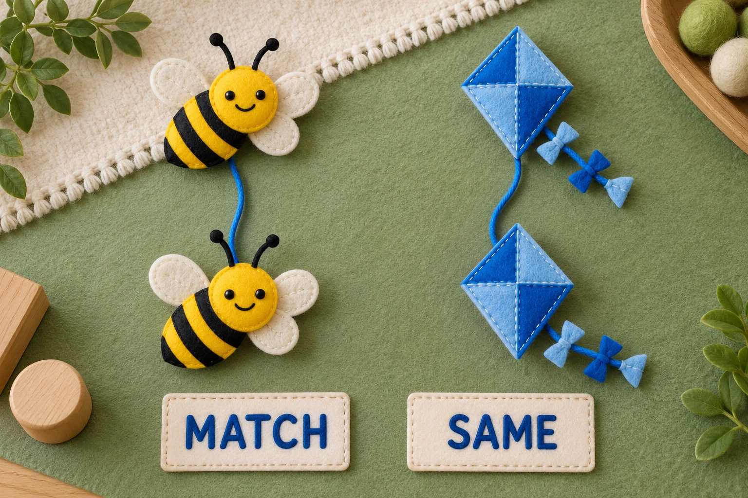 Finished tactile pairs introduce the identity rule Two matching felt bees and two matching blue kites connected by cords beside MATCH and SAME labels