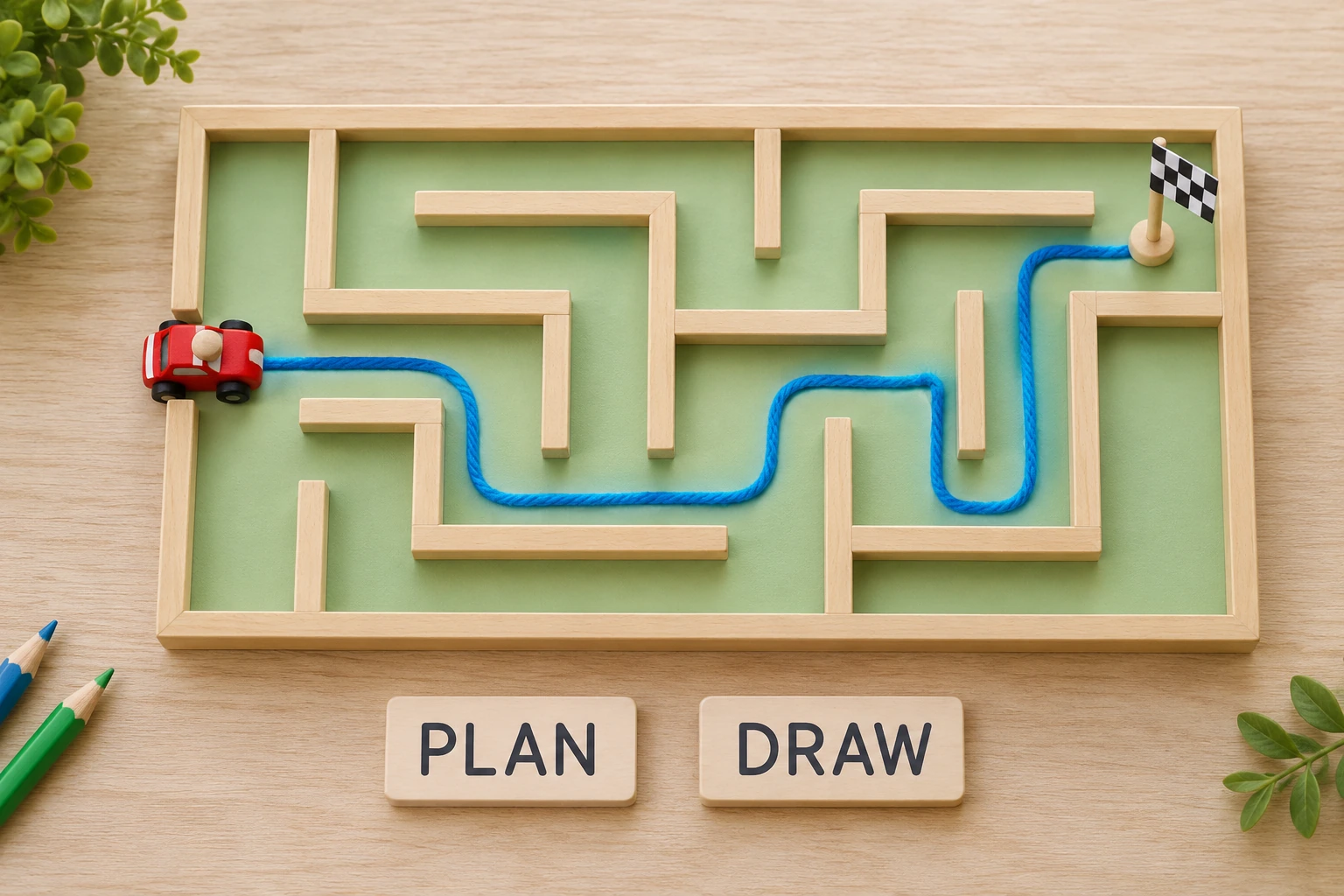 Toy car and blue cord following an open route through a wooden maze to a small flag