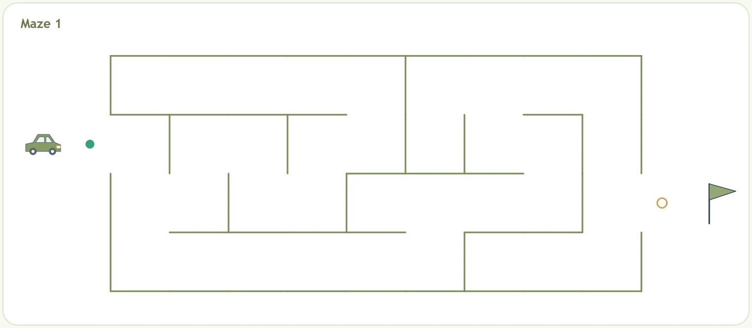 Upper pencil maze showing a car at the left entry and a flag beside the right finish ring