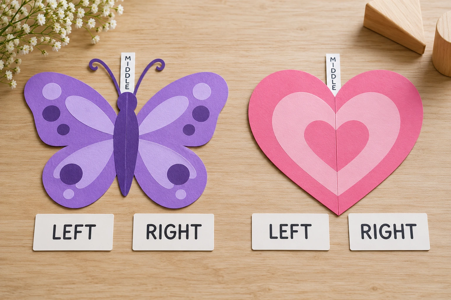 Finished symmetrical paper butterfly and heart with middle left and right labels