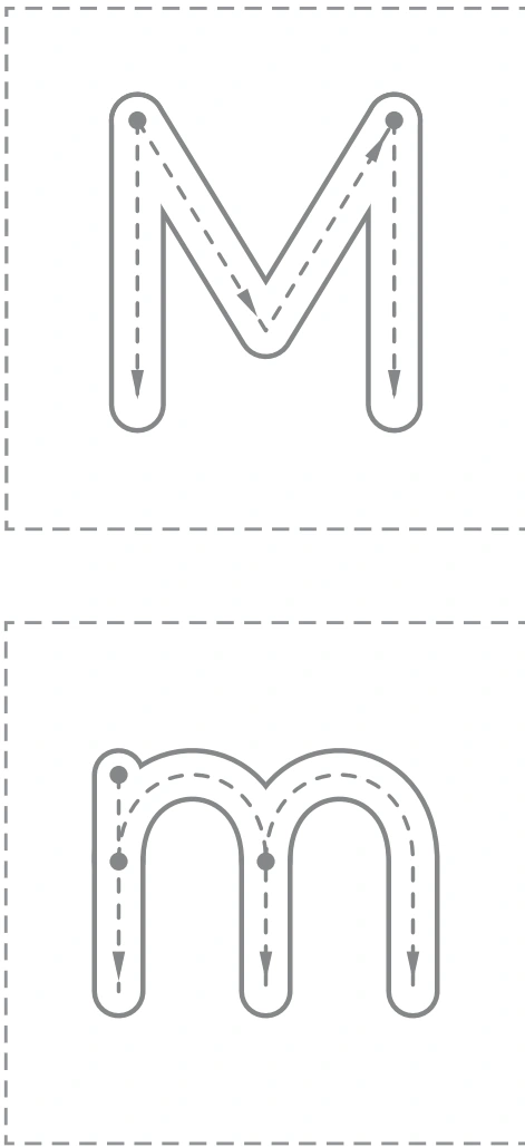Large capital M and lowercase m formation guides from the moon worksheet