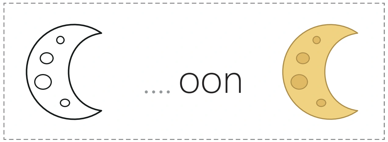 An outline moon, an unfinished moon word and its colored picture partner