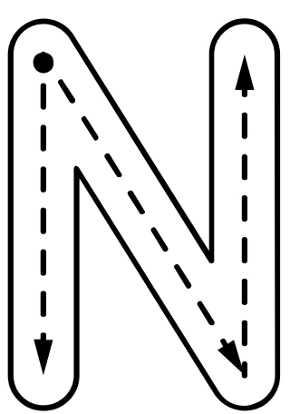 Follow the original N diagonal between its opposite-height endpoints Capital N model with two upright strokes, a diagonal from upper left to lower right and printed direction arrows