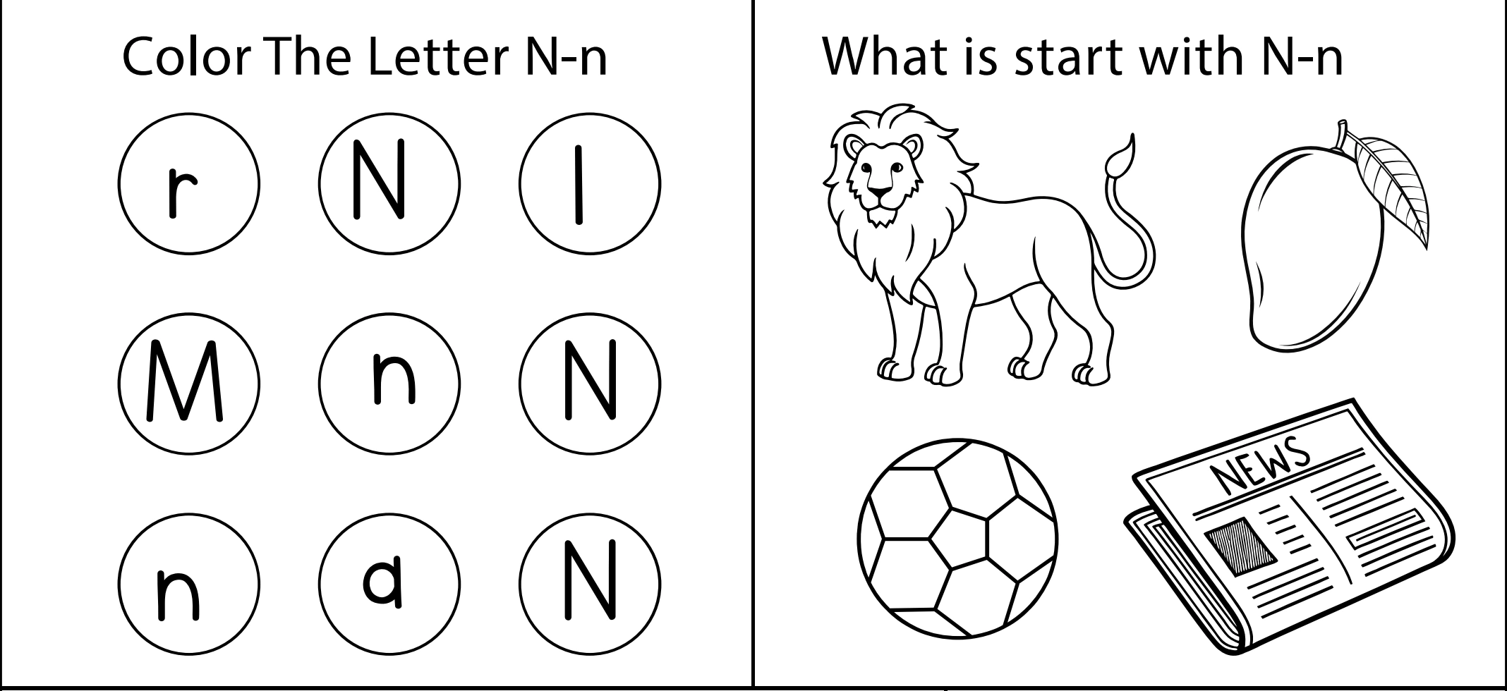 Five N/n search targets share the lower area with the newspaper option Lower N/n worksheet panels with nine letter circles and lion, mango, ball and newspaper picture choices