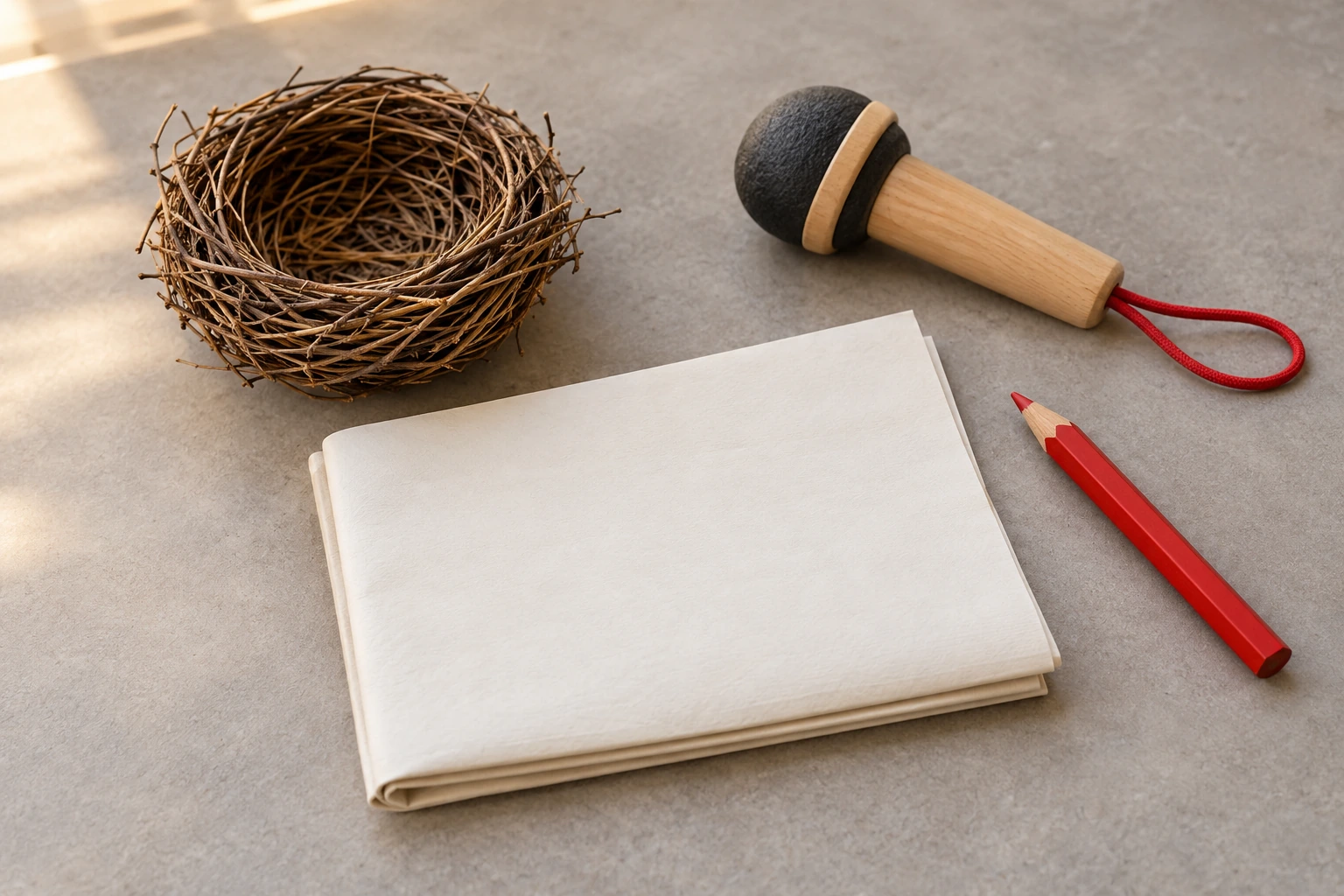 A pretend news desk for nest observations and child-led questions Empty woven craft nest, wooden toy microphone, blank folded paper and red pencil on a warm gray tabletop