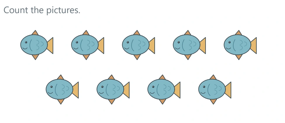 The survey includes four fish beneath the first five Nine blue fish drawings in an upper row of five and a lower row of four