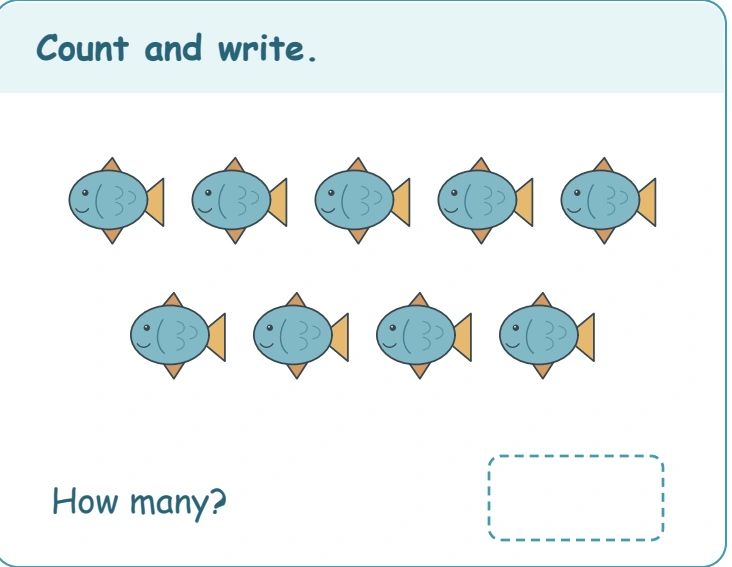 A final fish-survey entry follows the lower group count Nine smaller fish over the lower answer space, again arranged five above four