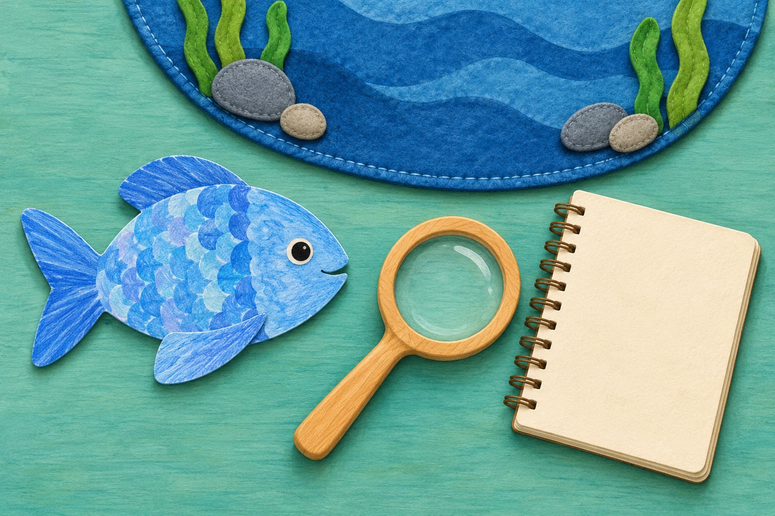 A small survey desk invites a second look at the evidence Blue paper fish, wooden magnifying glass and blank notebook beside a fabric pond mat