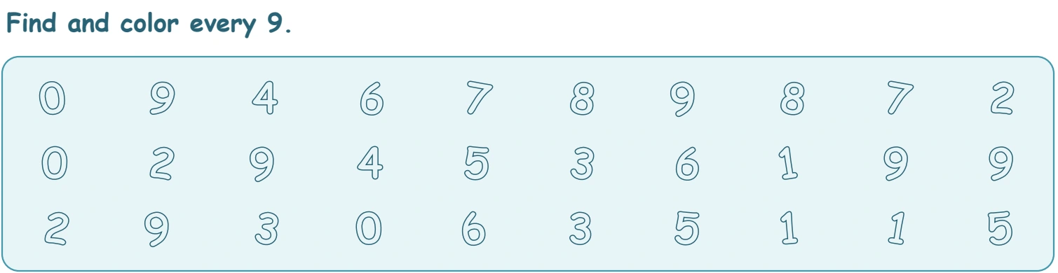 Matching nines must be recognized by their complete shape Fish-page numeral panel with six 9 targets distributed two, three and one across the rows