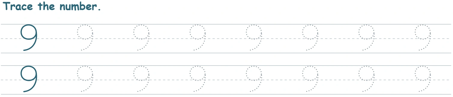 The upper loop gives the numeral nine its orientation Two writing rows of solid and dotted 9 with the loop above a descending curve