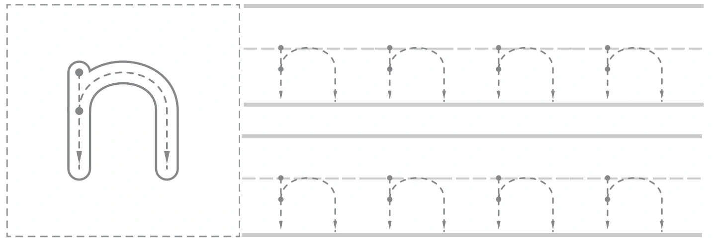 Lowercase n model beside two rows of dotted n tracing on the nest page