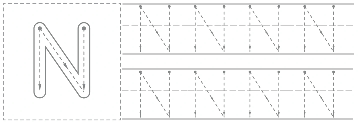Nn uppercase panel with a large N guide and eight smaller capital tracing forms