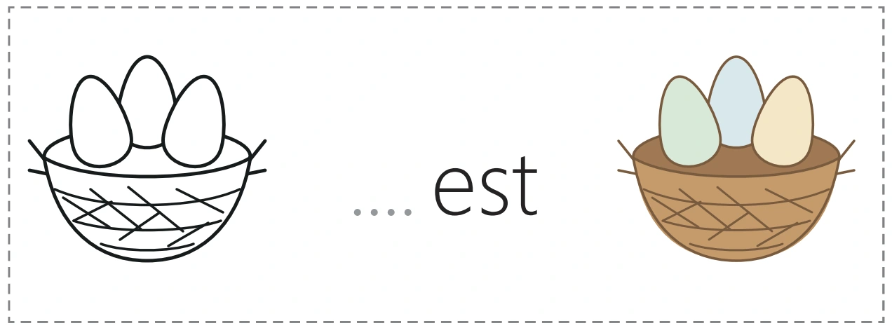 An outline nest, an unfinished nest word and its colored picture partner