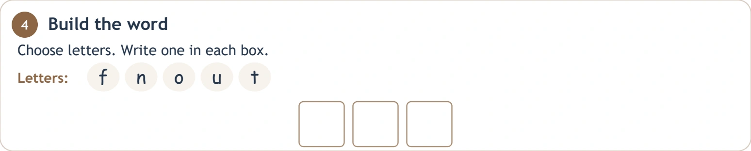 Letters f n o u t above three answer boxes