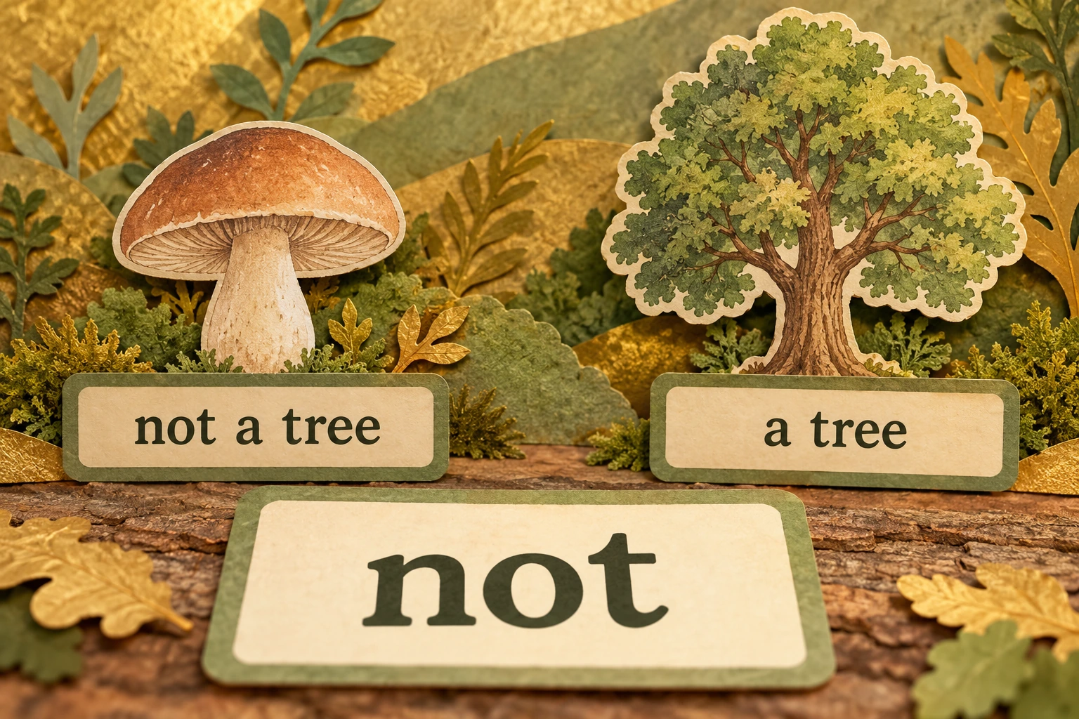 Paper mushroom and tree beside not tile and filled contrast sentence cards
