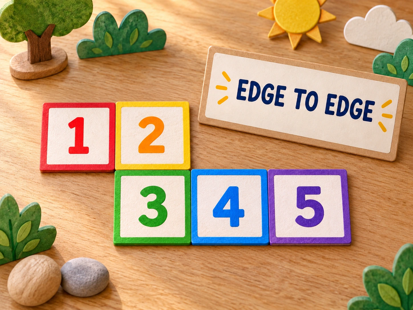 Number Neighbour Trail hands-on supporting demonstration Five numbered tiles demonstrate edge-sharing travel