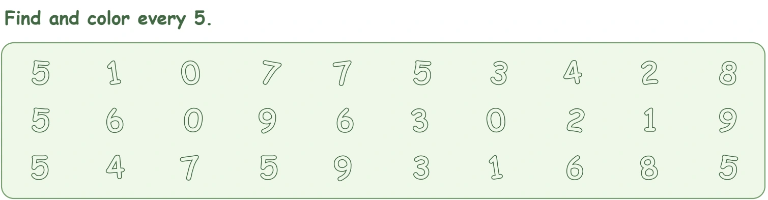 Three rows of outlined numerals in the turtle worksheet search activity for 5