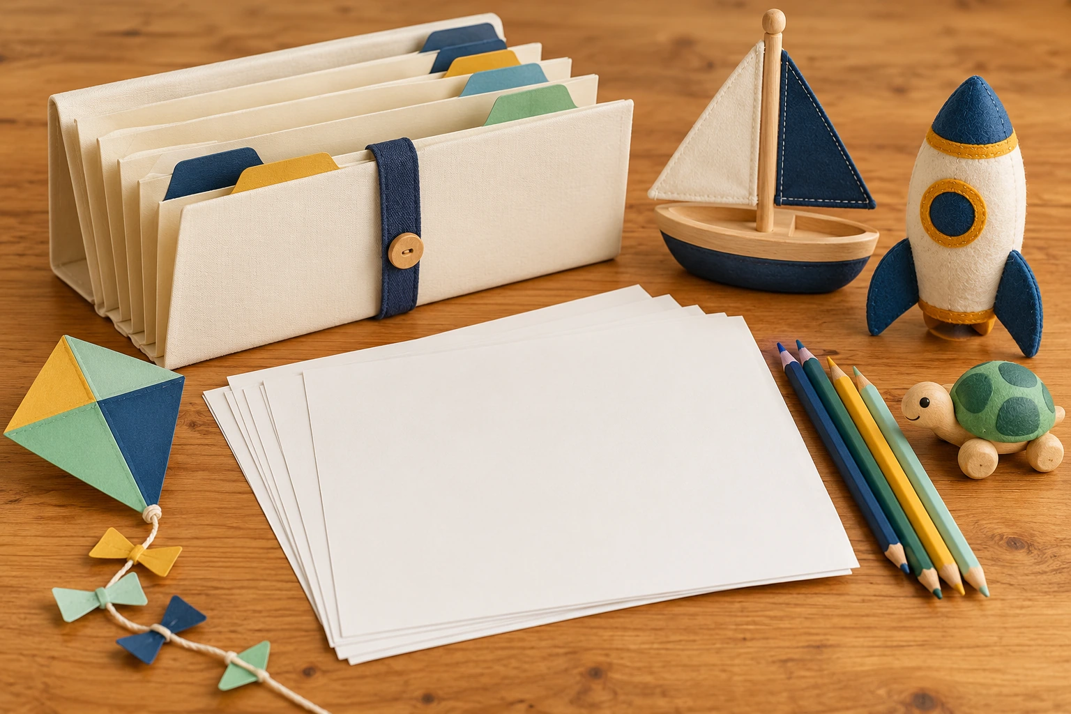 Cream accordion folder with blank papers, colored pencils, paper kite, wooden sailboat, felt rocket and toy turtle