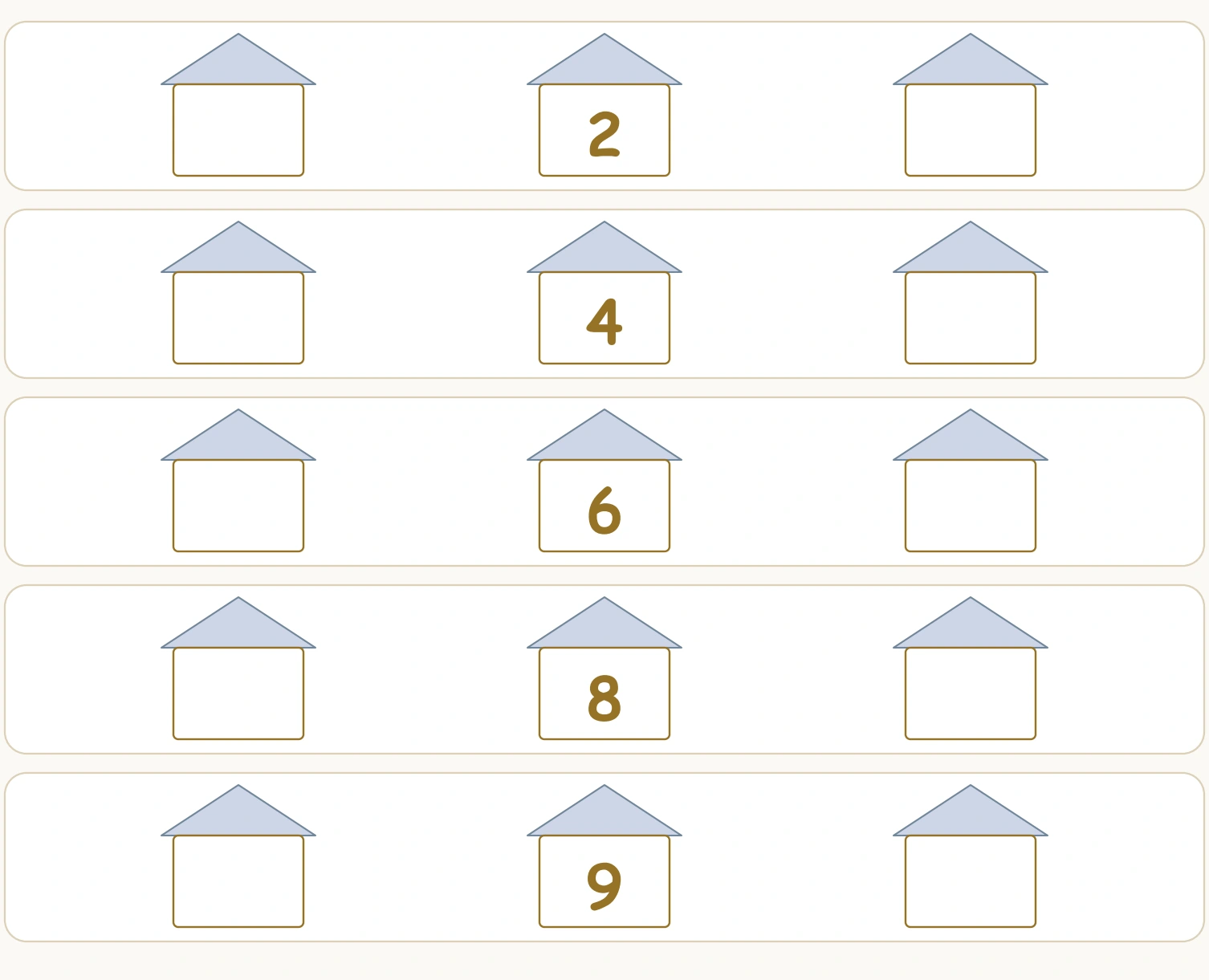 Middle houses show 2, 4, 6, 8 and 9 with empty houses on both sides.