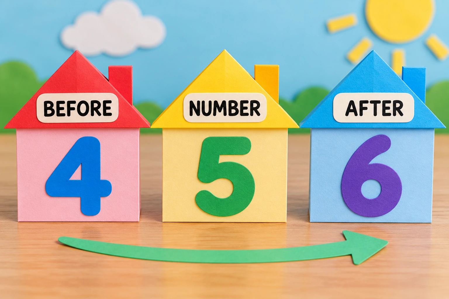 Three completed number houses show four, five and six in immediate order.