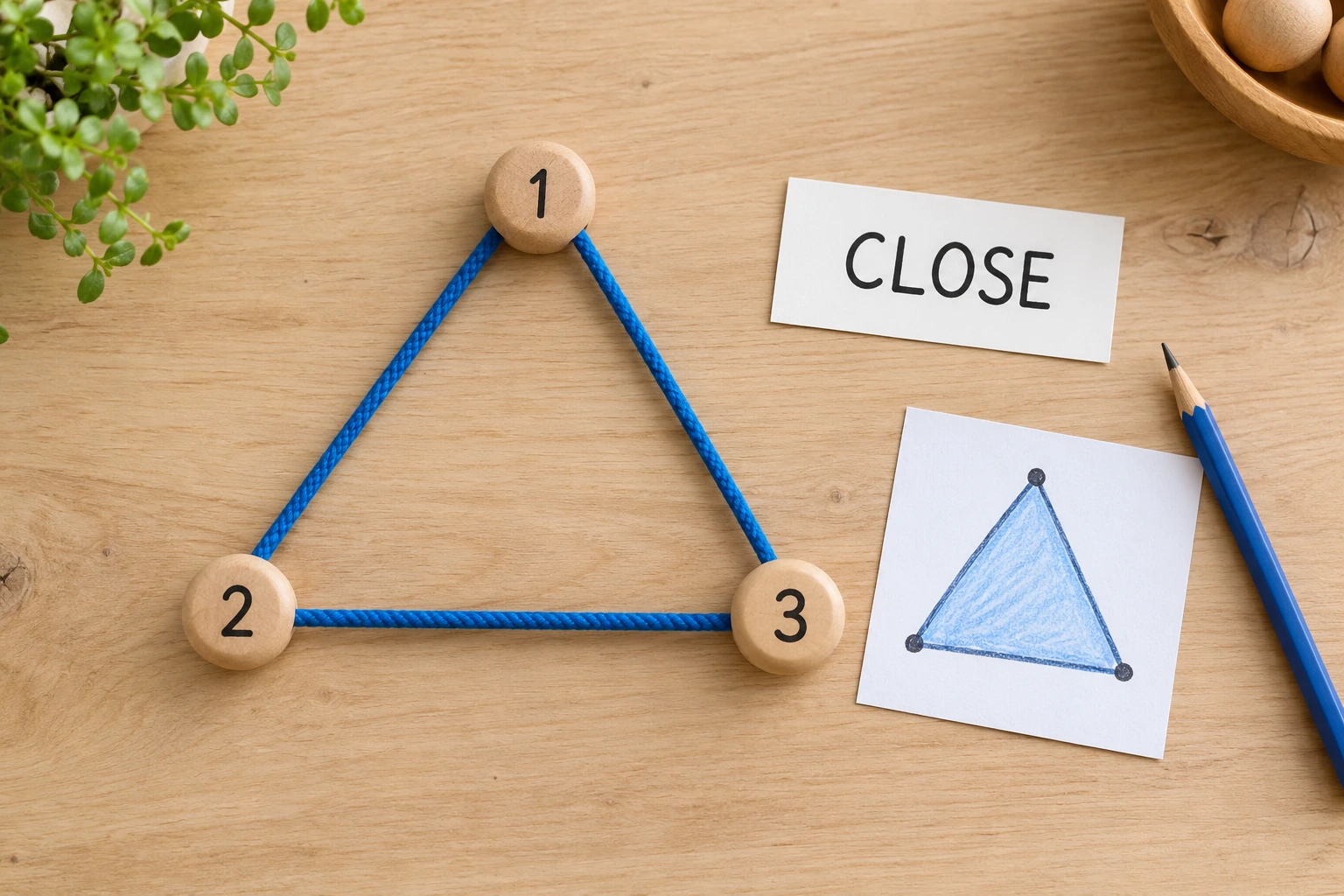 Numbered wooden beads 1 2 3 joined into a closed cord triangle beside a CLOSE card