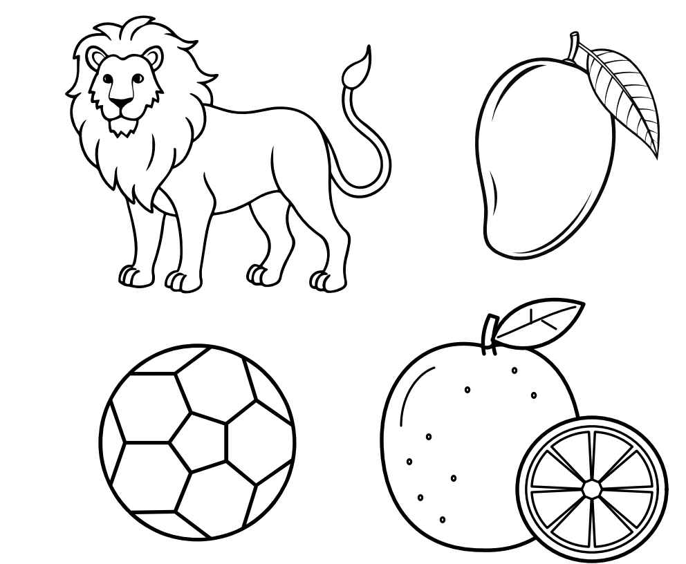 Orange is the lower-right written-O option among the four source pictures Source picture choices with lion and mango above a ball and an orange shown with a slice