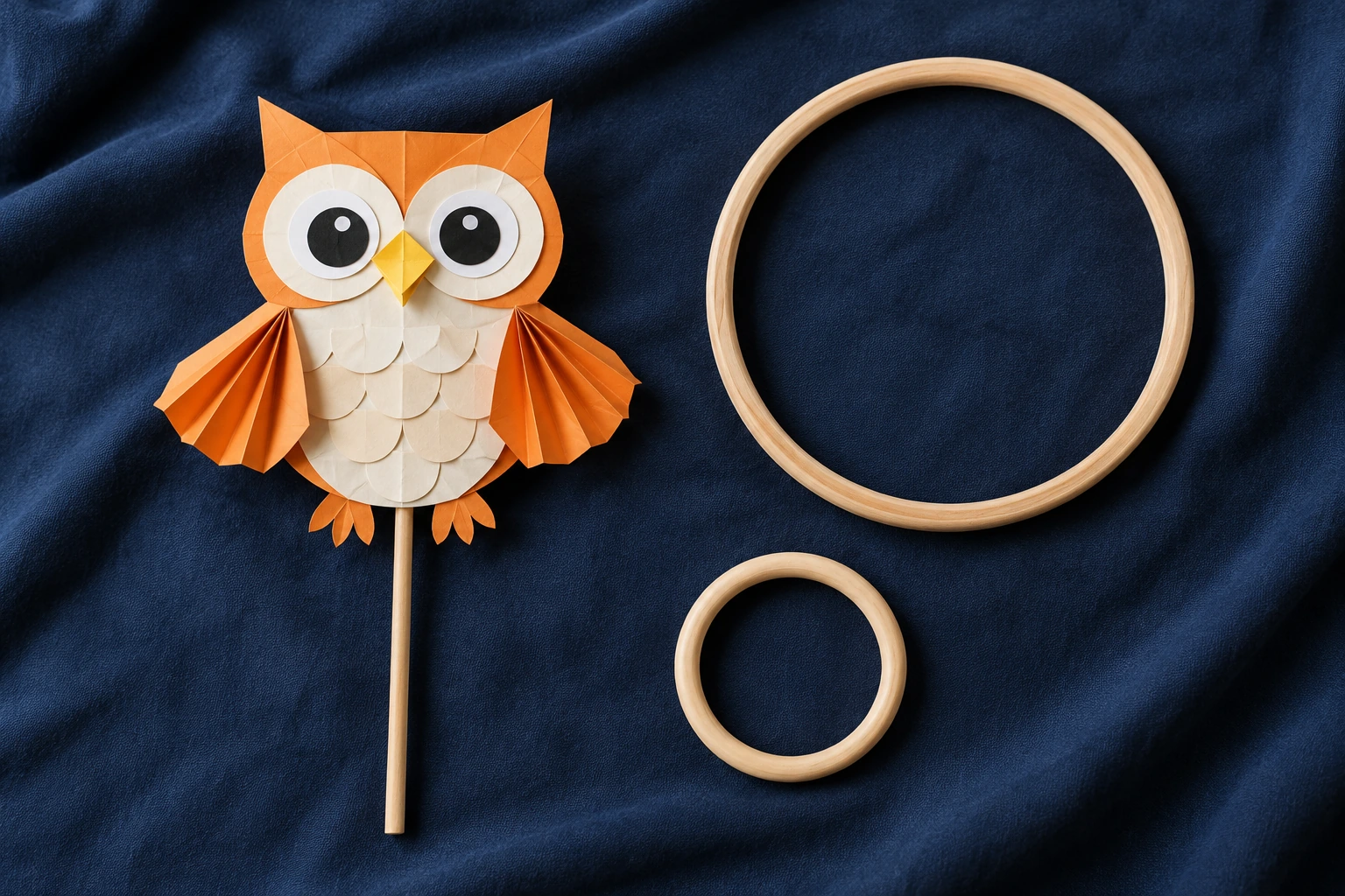 An owl puppet and unequal hoops for boundary and size observations Orange-and-cream paper owl puppet beside one large and one small wooden hoop on navy fabric