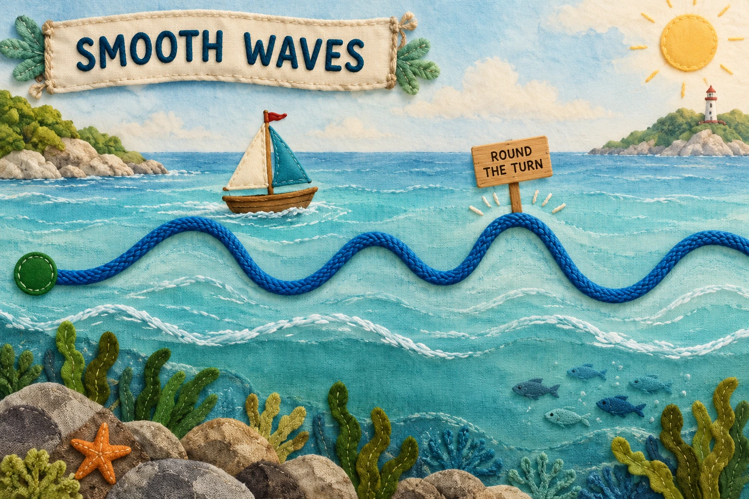 Smooth blue wave cord beneath SMOOTH WAVES and ROUND THE TURN wording