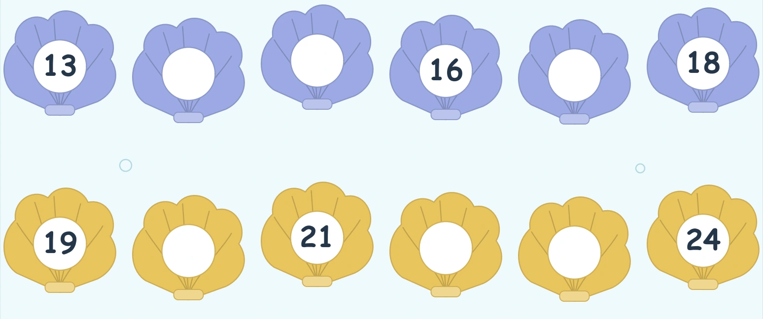 Purple and yellow shell rows spanning the numbers 13 through 24