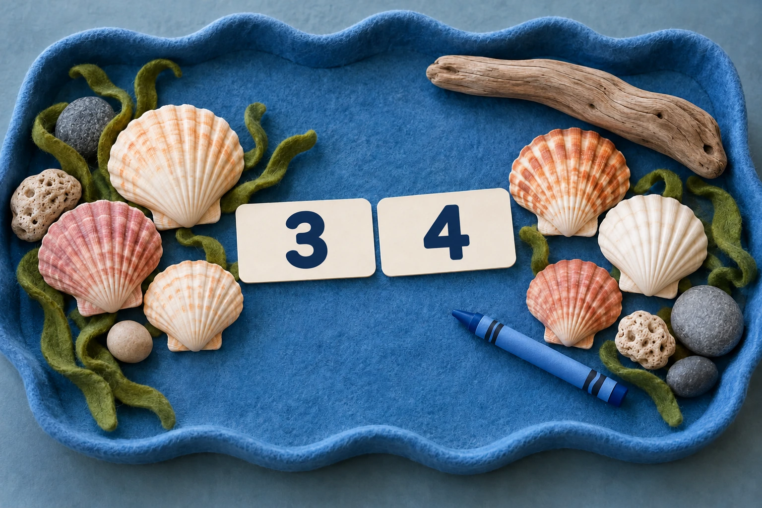 Shells around two cream cards labeled 3 and 4 in a blue tray